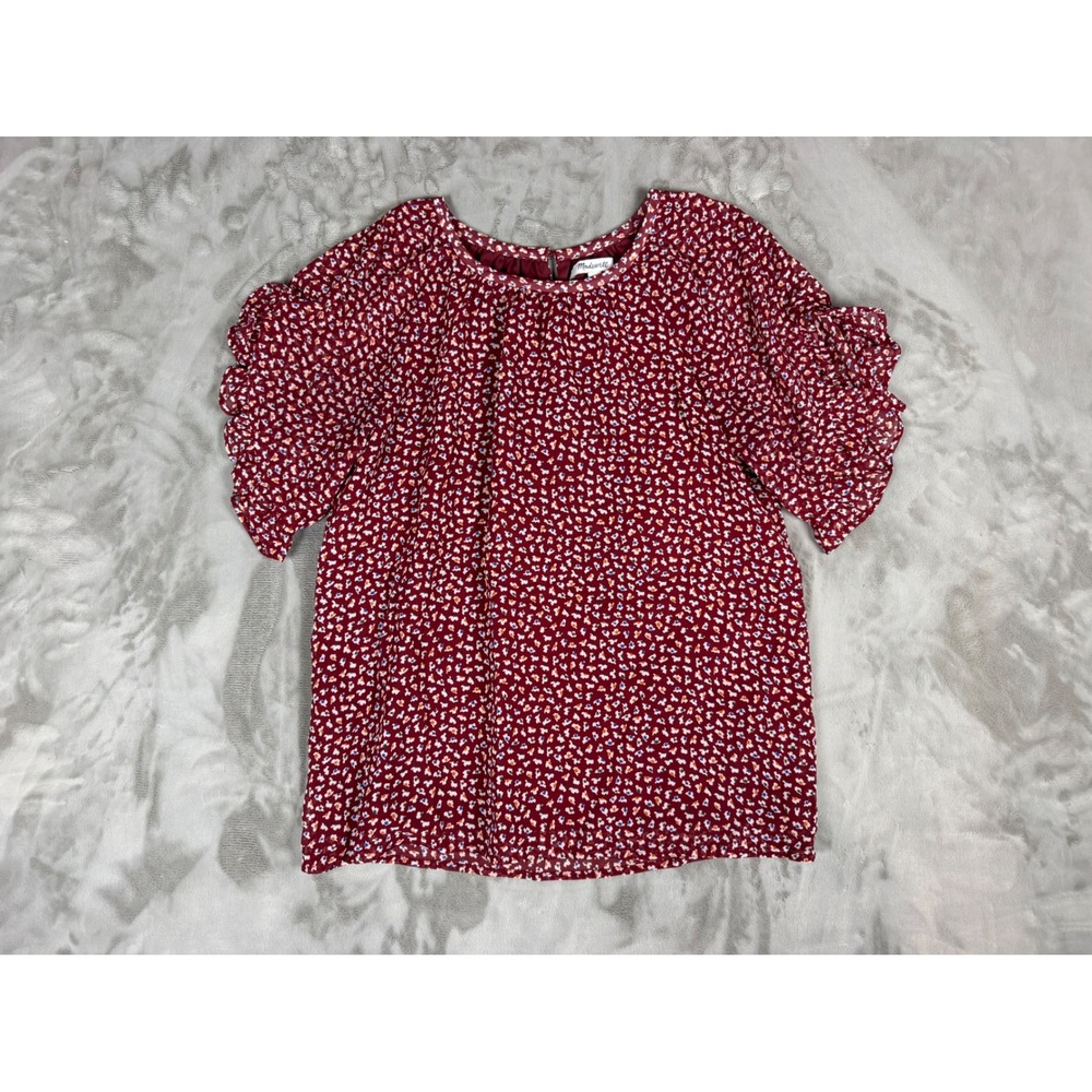 Madewell Ruffle Sleeve Ditsy Floral Print Blouse Red XS Short Sleeve Top